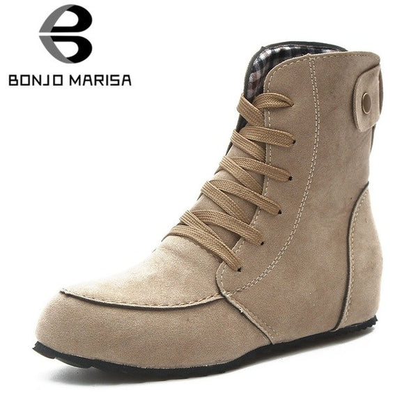 BONJOMARISA Women's Autumn Cool Riding Style Outdoor Shoes Woman Lace Up Flat Ankle Boots Size 35-42