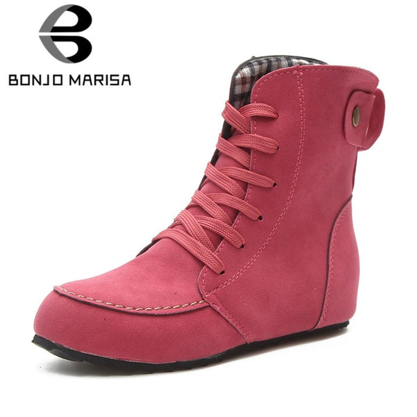 BONJOMARISA Women's Autumn Cool Riding Style Outdoor Shoes Woman Lace Up Flat Ankle Boots Size 35-42