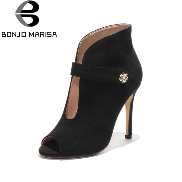BONJOMARISA Sexy Women's Summer Thin High Heels Peep Toe Ankle Boots 2018 Black Red Nubuck Upper Shoes Woman Big Size 33-43