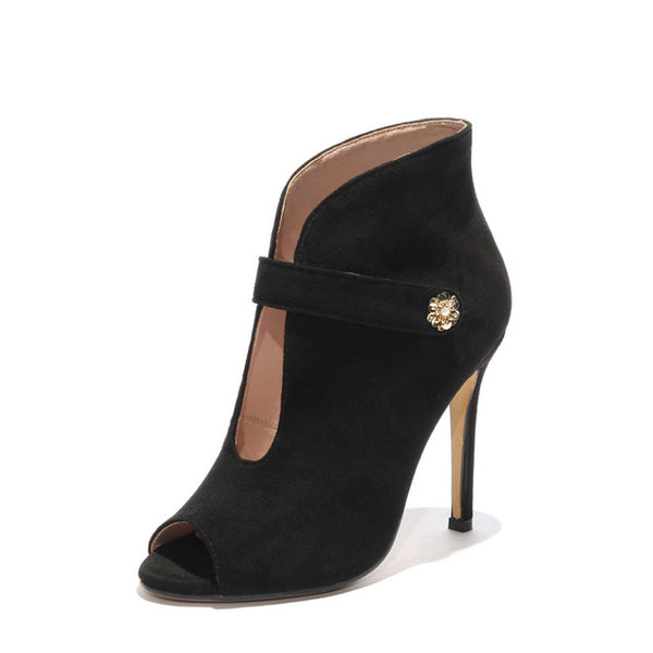 BONJOMARISA Sexy Women's Summer Thin High Heels Peep Toe Ankle Boots 2018 Black Red Nubuck Upper Shoes Woman Big Size 33-43