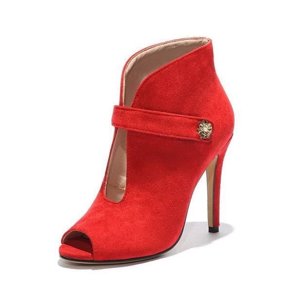 BONJOMARISA Sexy Women's Summer Thin High Heels Peep Toe Ankle Boots 2018 Black Red Nubuck Upper Shoes Woman Big Size 33-43