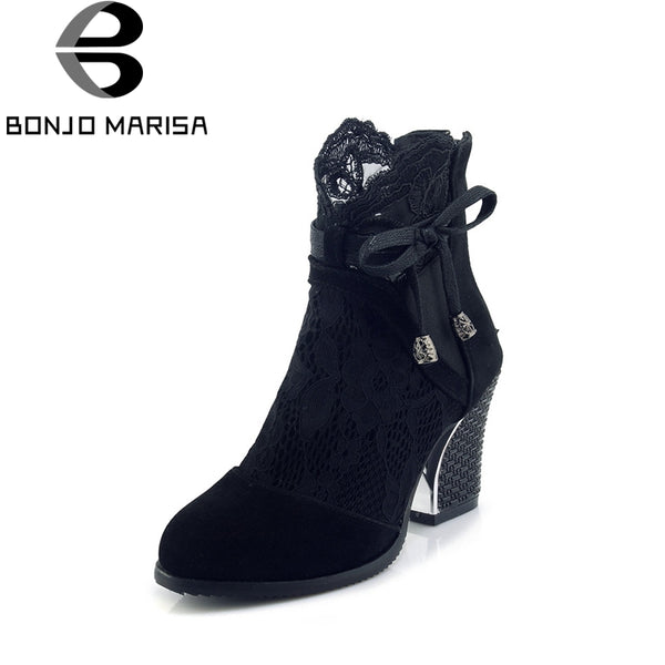 BONJOMARISA Women's Lace Up Bowtie Knot Chunky High Heel Summer Shoes Woman 2018 Round Toe Platform Ankle Boots Big Size 34-43