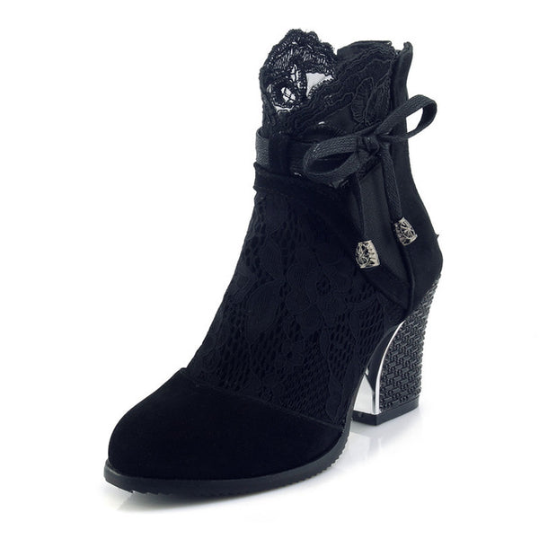 BONJOMARISA Women's Lace Up Bowtie Knot Chunky High Heel Summer Shoes Woman 2018 Round Toe Platform Ankle Boots Big Size 34-43