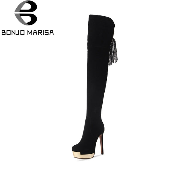 BONJOMARISA Women's Sexy Party Wedding Shoes Woman Back Lace Up High Heel Platform Over Knee Boots Size 34-39