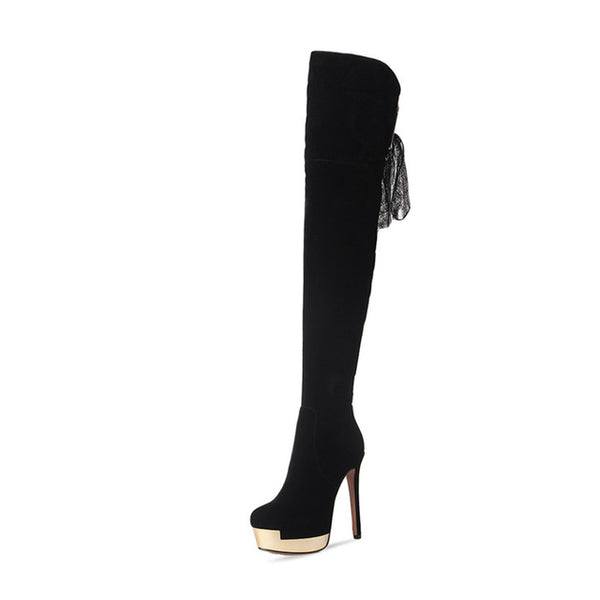 BONJOMARISA Women's Sexy Party Wedding Shoes Woman Back Lace Up High Heel Platform Over Knee Boots Size 34-39