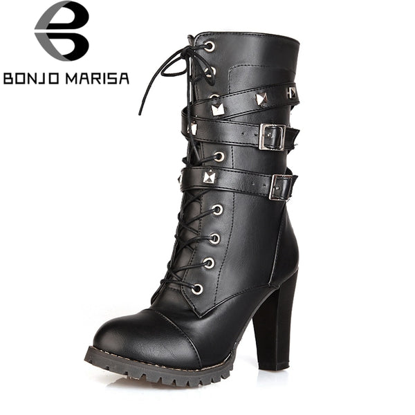 BONJOMARISA 2018 women's Big Size 33-48 Sexy Rivets Buckles Decoration Shoes Woman Party Booties Sexy High Heels Woman Boots