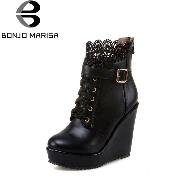 BONJOMARISAA Women's Buckle Strap High Heel Wedge Shoes Woman 2018 Round Toe Lace On Top Platform Ankle Boots Big Size 34-43