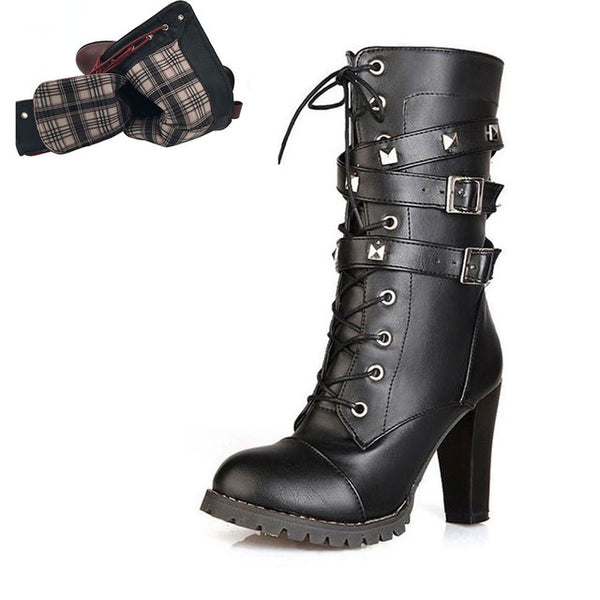 BONJOMARISA 2018 women's Big Size 33-48 Sexy Rivets Buckles Decoration Shoes Woman Party Booties Sexy High Heels Woman Boots