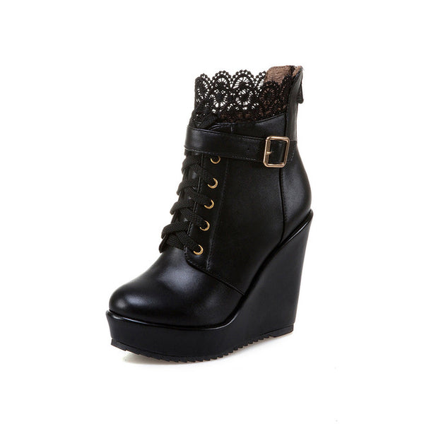BONJOMARISAA Women's Buckle Strap High Heel Wedge Shoes Woman 2018 Round Toe Lace On Top Platform Ankle Boots Big Size 34-43