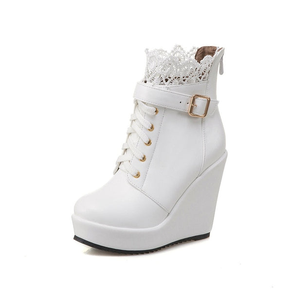 BONJOMARISAA Women's Buckle Strap High Heel Wedge Shoes Woman 2018 Round Toe Lace On Top Platform Ankle Boots Big Size 34-43