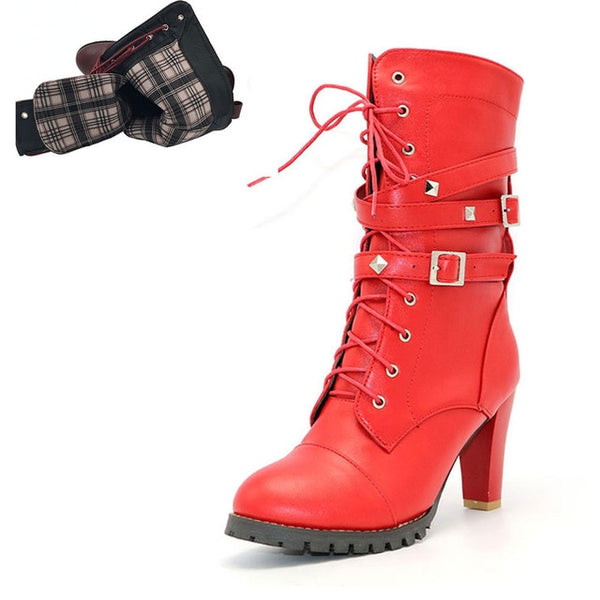 BONJOMARISA 2018 women's Big Size 33-48 Sexy Rivets Buckles Decoration Shoes Woman Party Booties Sexy High Heels Woman Boots
