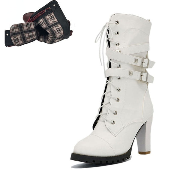 BONJOMARISA 2018 women's Big Size 33-48 Sexy Rivets Buckles Decoration Shoes Woman Party Booties Sexy High Heels Woman Boots