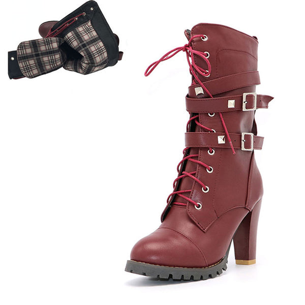 BONJOMARISA 2018 women's Big Size 33-48 Sexy Rivets Buckles Decoration Shoes Woman Party Booties Sexy High Heels Woman Boots