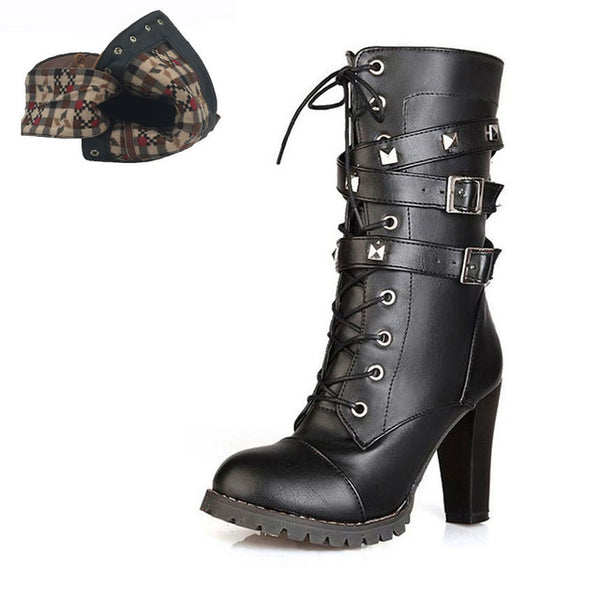 BONJOMARISA 2018 women's Big Size 33-48 Sexy Rivets Buckles Decoration Shoes Woman Party Booties Sexy High Heels Woman Boots