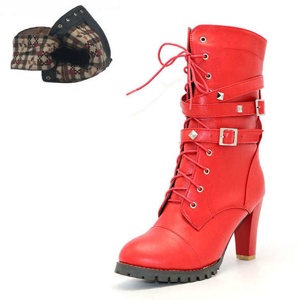 BONJOMARISA 2018 women's Big Size 33-48 Sexy Rivets Buckles Decoration Shoes Woman Party Booties Sexy High Heels Woman Boots