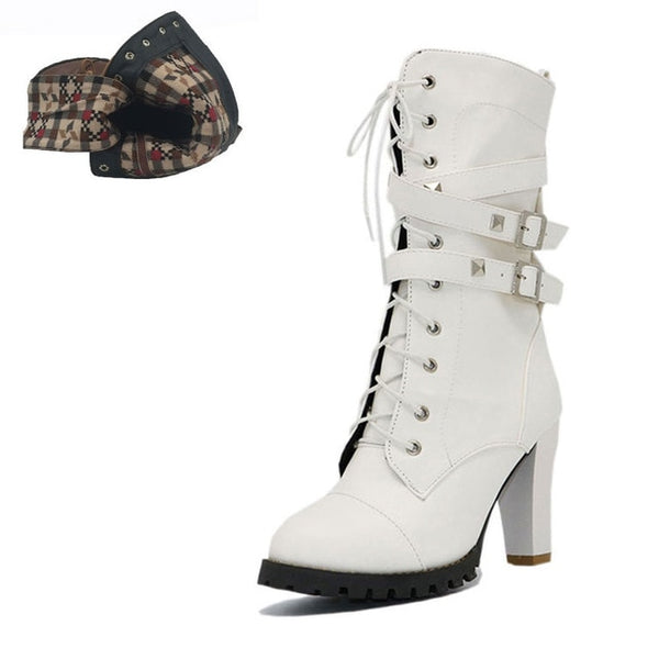 BONJOMARISA 2018 women's Big Size 33-48 Sexy Rivets Buckles Decoration Shoes Woman Party Booties Sexy High Heels Woman Boots