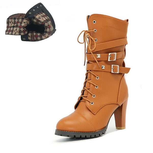 BONJOMARISA 2018 women's Big Size 33-48 Sexy Rivets Buckles Decoration Shoes Woman Party Booties Sexy High Heels Woman Boots
