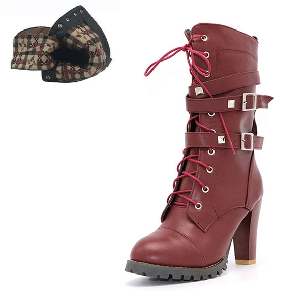 BONJOMARISA 2018 women's Big Size 33-48 Sexy Rivets Buckles Decoration Shoes Woman Party Booties Sexy High Heels Woman Boots