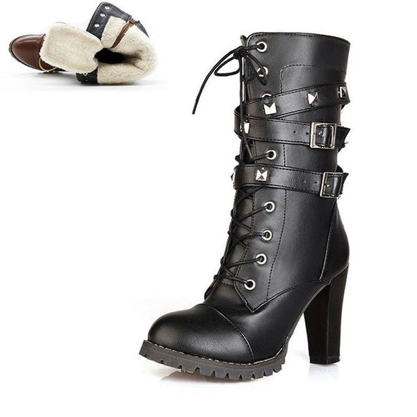 BONJOMARISA 2018 women's Big Size 33-48 Sexy Rivets Buckles Decoration Shoes Woman Party Booties Sexy High Heels Woman Boots
