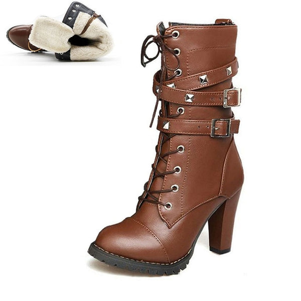 BONJOMARISA 2018 women's Big Size 33-48 Sexy Rivets Buckles Decoration Shoes Woman Party Booties Sexy High Heels Woman Boots