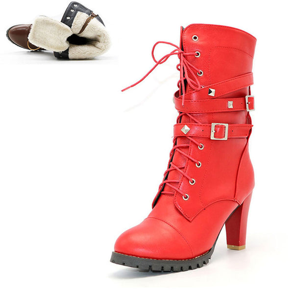 BONJOMARISA 2018 women's Big Size 33-48 Sexy Rivets Buckles Decoration Shoes Woman Party Booties Sexy High Heels Woman Boots