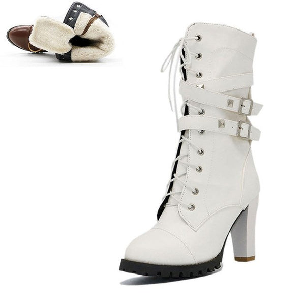 BONJOMARISA 2018 women's Big Size 33-48 Sexy Rivets Buckles Decoration Shoes Woman Party Booties Sexy High Heels Woman Boots