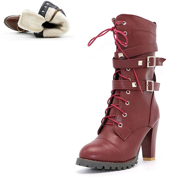 BONJOMARISA 2018 women's Big Size 33-48 Sexy Rivets Buckles Decoration Shoes Woman Party Booties Sexy High Heels Woman Boots