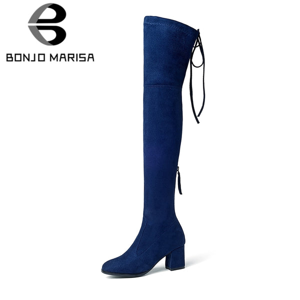 BONJOMARISA 2018 Trendy Style Over The Knee Boots Women's Shoes Big Size 34-43  Sexy Square Heels 9 Colors Boots Woman
