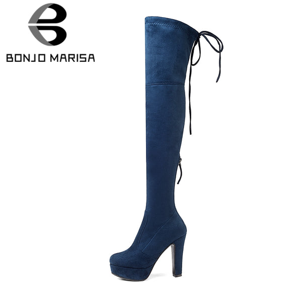BONJOMARISA newTrendy Top Quality Over The Knee Boots Women's Shoes Big Size 34-43 Sexy Knot High Heels Party Boots Woman