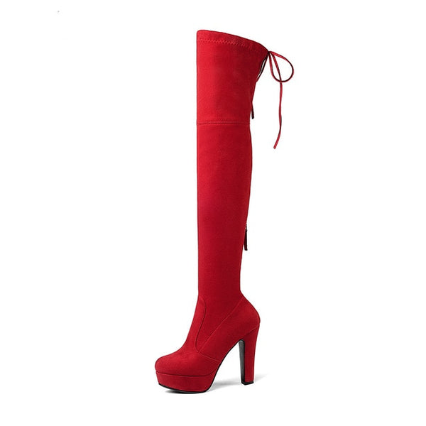 BONJOMARISA newTrendy Top Quality Over The Knee Boots Women's Shoes Big Size 34-43 Sexy Knot High Heels Party Boots Woman
