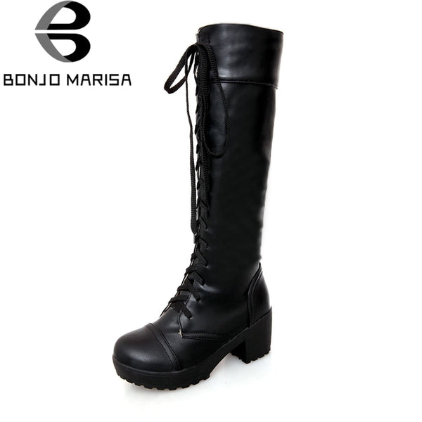 BONJOMARISA 2018 Big Size 34-43 Add Fur Woman Riding Boots Fashion Leisure Square Heels women's Shoes Woman knee-high Boots