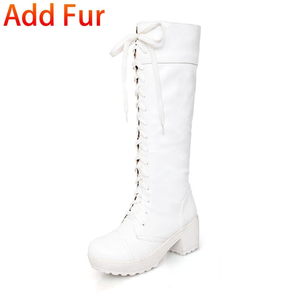 BONJOMARISA 2018 Big Size 34-43 Add Fur Woman Riding Boots Fashion Leisure Square Heels women's Shoes Woman knee-high Boots