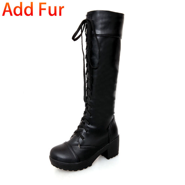 BONJOMARISA 2018 Big Size 34-43 Add Fur Woman Riding Boots Fashion Leisure Square Heels women's Shoes Woman knee-high Boots