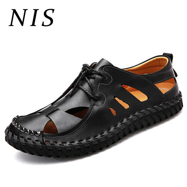 NIS Cow Leather Fishermen Flats Men Shoes Summer Casual Shoes Hand Sewing Hollow Out Breathable Lace Up Soft Sole Flats Zapatos