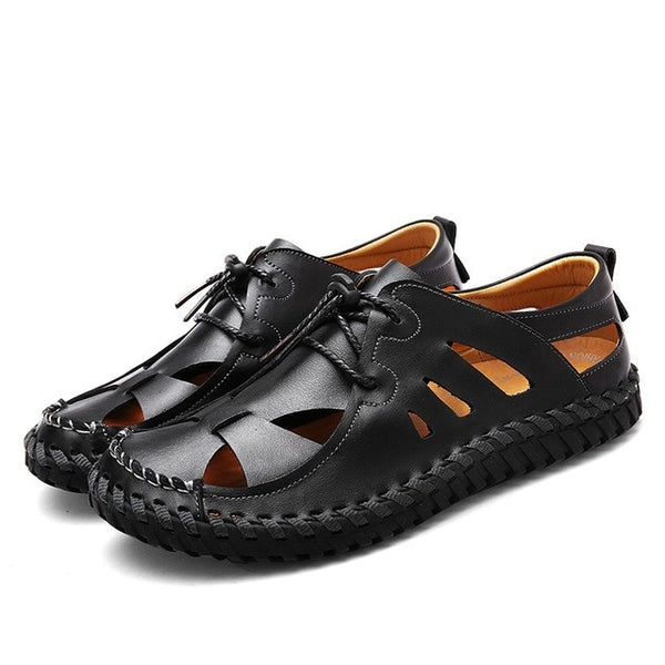 NIS Cow Leather Fishermen Flats Men Shoes Summer Casual Shoes Hand Sewing Hollow Out Breathable Lace Up Soft Sole Flats Zapatos