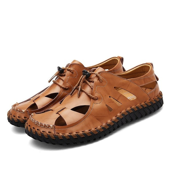 NIS Cow Leather Fishermen Flats Men Shoes Summer Casual Shoes Hand Sewing Hollow Out Breathable Lace Up Soft Sole Flats Zapatos