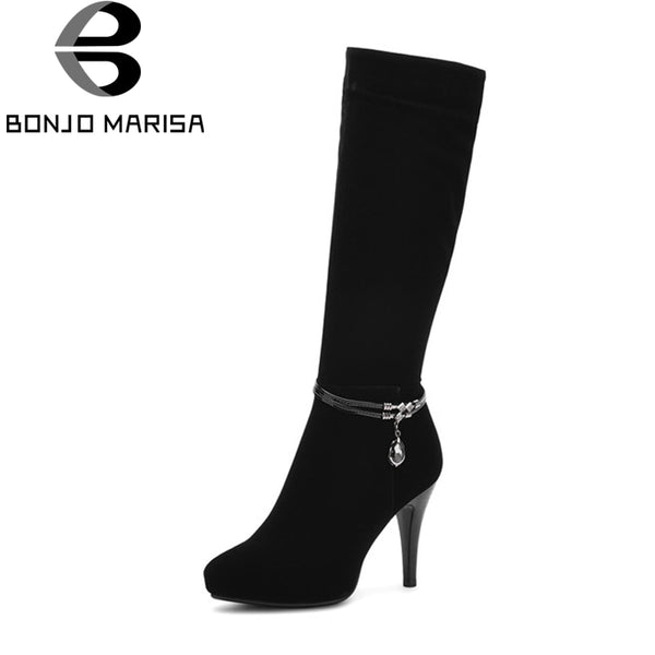 BONJOMARISA Women's Strap High Heel Shoes Woman Zipper Closure Platform Mid-Calf Women Boots Size 34-39