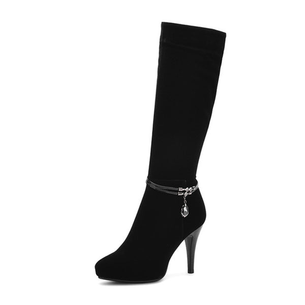 BONJOMARISA Women's Strap High Heel Shoes Woman Zipper Closure Platform Mid-Calf Women Boots Size 34-39