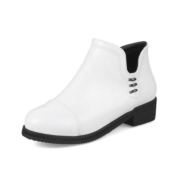 BONJOMARISA New women's Ankle Round Toe Solid Zip Square Heels Shoes Woman Autumn Casual Boots Plus Size 32-48