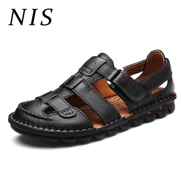 NIS Fishermen Sandals Men Shoes Genuine Leather Hand Stitching Soft Sole Summer Beach Sandals Casual Shoes Hook Loop Flats New