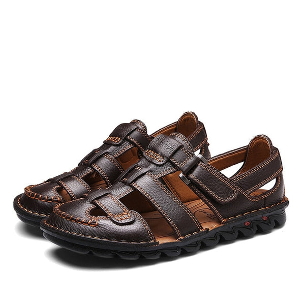 NIS Fishermen Sandals Men Shoes Genuine Leather Hand Stitching Soft Sole Summer Beach Sandals Casual Shoes Hook Loop Flats New