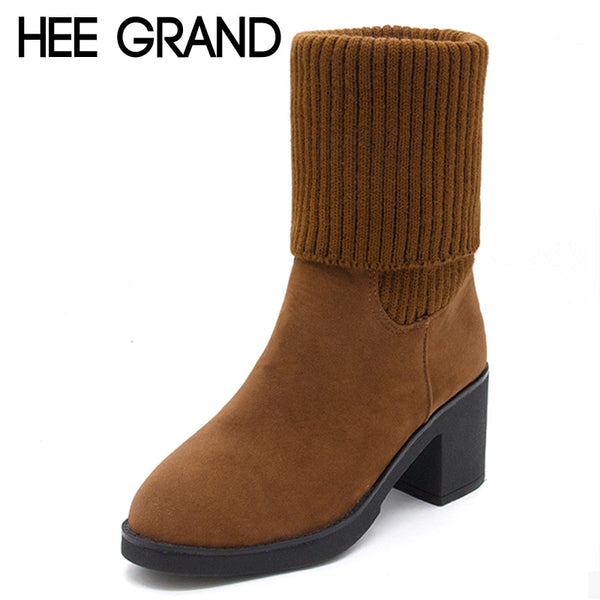 HEE GRAND Women's Boots For Winer Solid Plain Platform Square Heel Slip On Knitted Ankle Boot Warm Platform Shoes Woman XWX6784