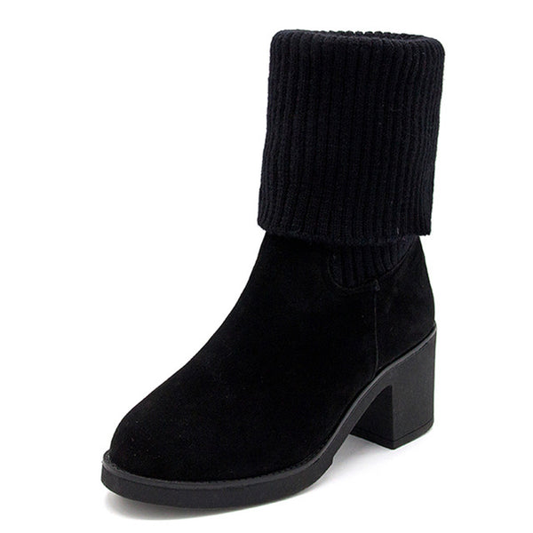 HEE GRAND Women's Boots For Winer Solid Plain Platform Square Heel Slip On Knitted Ankle Boot Warm Platform Shoes Woman XWX6784