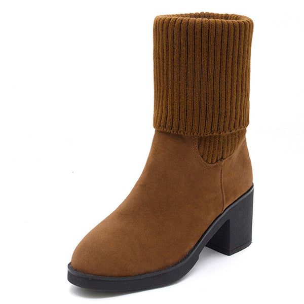 HEE GRAND Women's Boots For Winer Solid Plain Platform Square Heel Slip On Knitted Ankle Boot Warm Platform Shoes Woman XWX6784