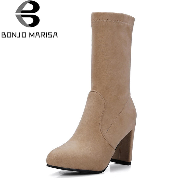 BONJOMARISA Yellow women's Soft mid-calf Boots Women Autumn 2018 Plus Size 32-48 High 8 Cm Heels Shoes Woman Elegant