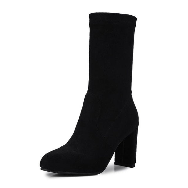 BONJOMARISA Yellow women's Soft mid-calf Boots Women Autumn 2018 Plus Size 32-48 High 8 Cm Heels Shoes Woman Elegant