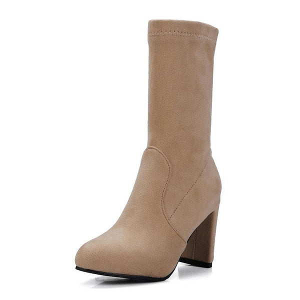 BONJOMARISA Yellow women's Soft mid-calf Boots Women Autumn 2018 Plus Size 32-48 High 8 Cm Heels Shoes Woman Elegant