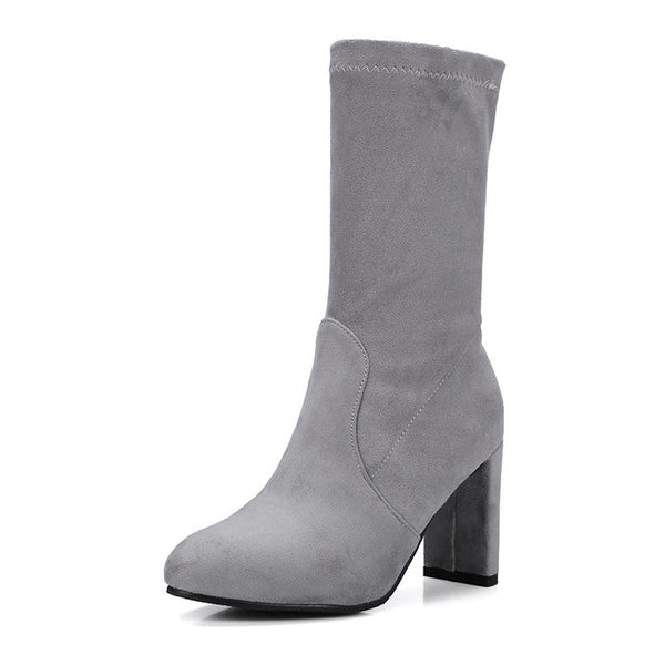 BONJOMARISA Yellow women's Soft mid-calf Boots Women Autumn 2018 Plus Size 32-48 High 8 Cm Heels Shoes Woman Elegant