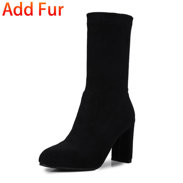 BONJOMARISA Yellow women's Soft mid-calf Boots Women Autumn 2018 Plus Size 32-48 High 8 Cm Heels Shoes Woman Elegant
