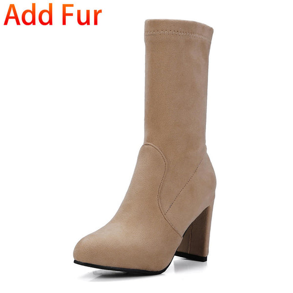 BONJOMARISA Yellow women's Soft mid-calf Boots Women Autumn 2018 Plus Size 32-48 High 8 Cm Heels Shoes Woman Elegant